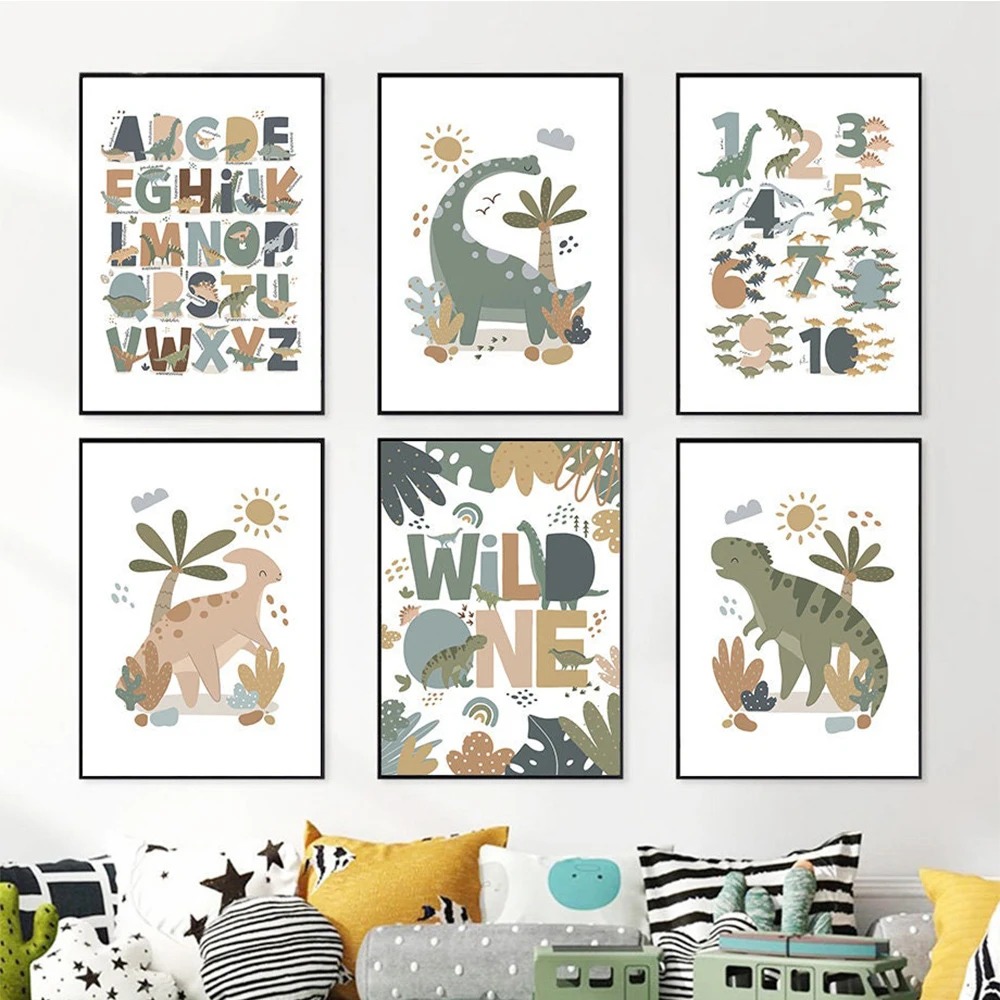 Kids Education Alphabet Numbers - Nordic Cute Baby Dinosaur Wall Art